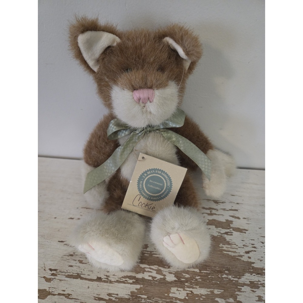 Boyd's Bear  Brown White Plush Jointed Cat Green Bow